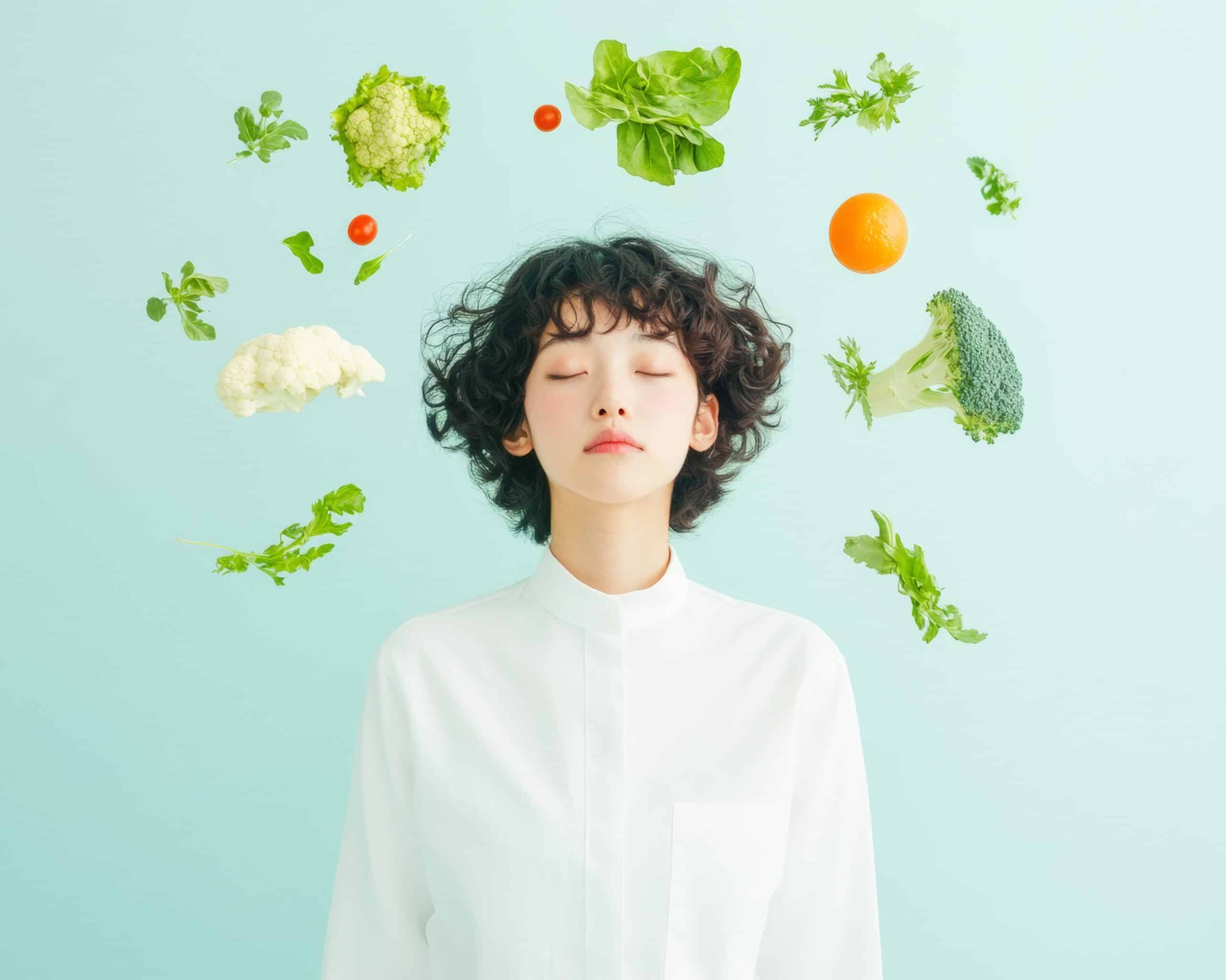 Meditative Youth with Floating Vegetables in Minimalist Surrealism